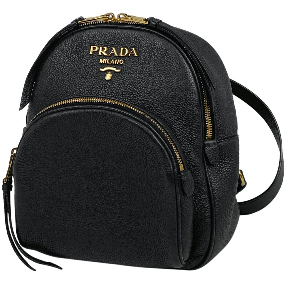 Prada Logo Backpack Rucksack Daypack Shoulder Bag Leather Black